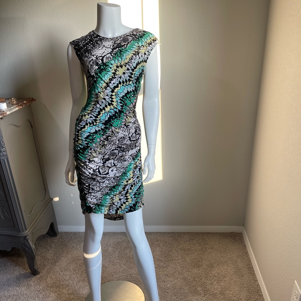 BCBGMaxAzria Green Black Asymmetrical Sheath Dress
